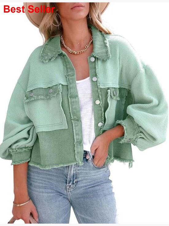 Jackets & Blazers - Cropped Waffle Knit Button Down Shirt Jacket Shacket